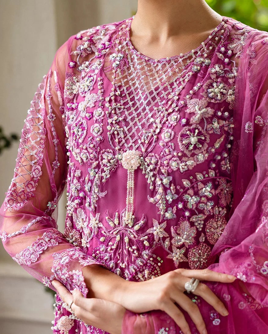 Mushq Inception Embroidered Net Unstitched 3Pc Suit D-07 Sweet November