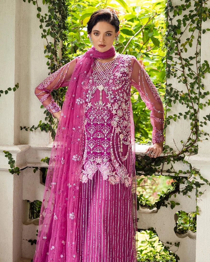 Mushq Inception Embroidered Net Unstitched 3Pc Suit D-07 Sweet November