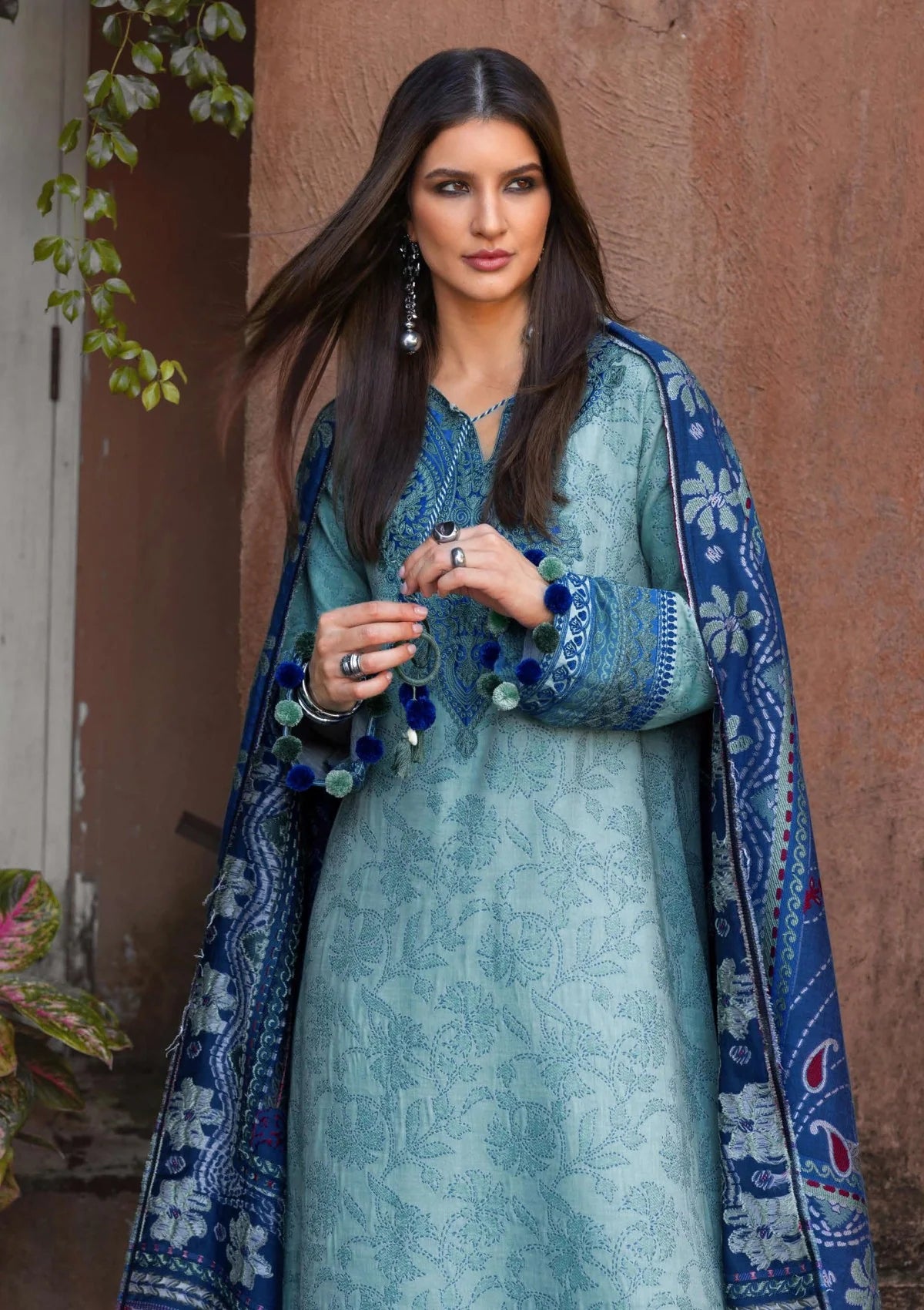 MUSHQ Broadway Embroidered Viscose Unstitched 3Pc Suit - Chianti Glow