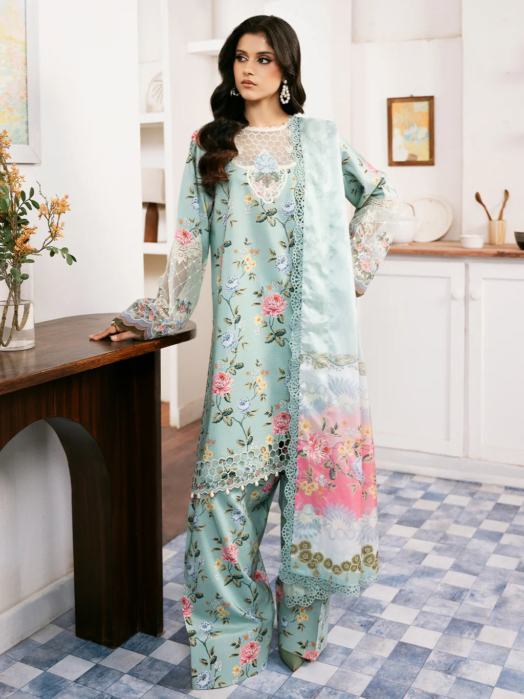 Three-piece BIN ILYAS luxury summer lawn suit in vibrant 71A fabric, showcasing elegant traditional design and detailed embroidery.