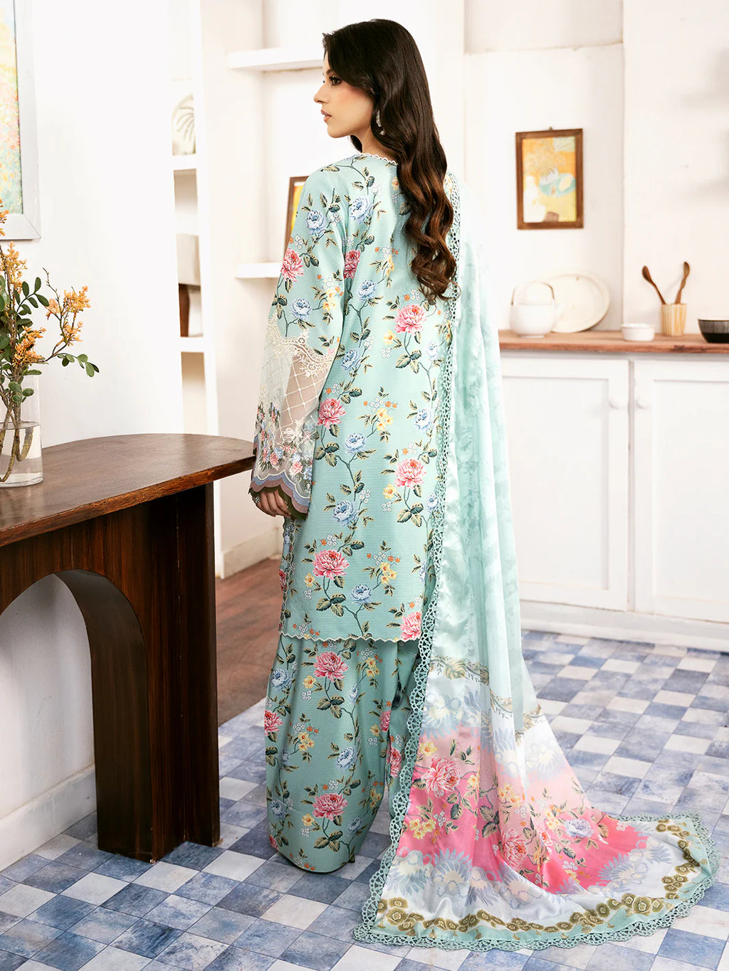 BIN ILYAS 3-piece luxury summer lawn set in 71A design, featuring vibrant fabric and intricate patterns in a close-up view.
