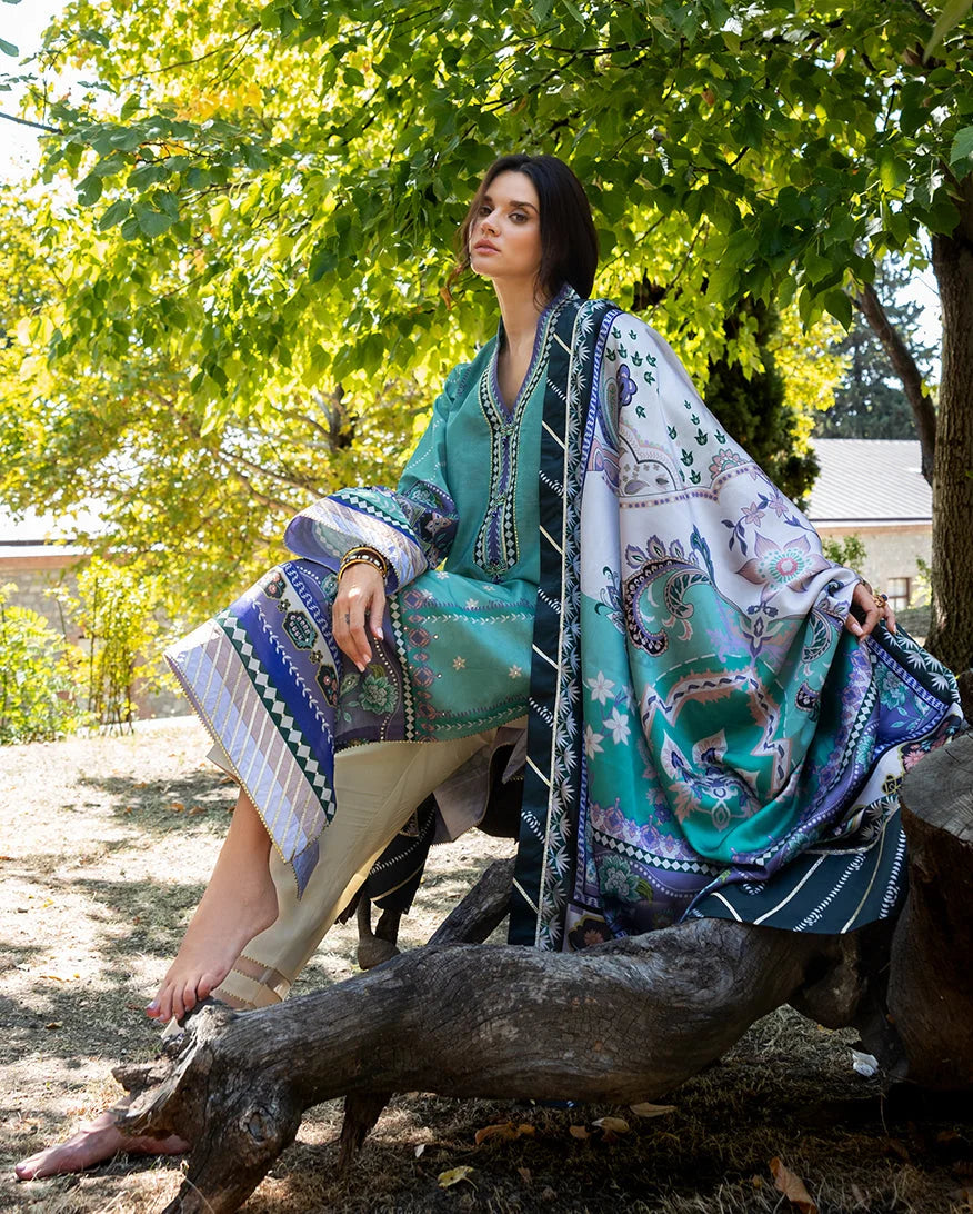 Mushq Hemline Nirvana Echoes Of Serneity Raw Silk Unstitched 3Pc Suit - Lunar Dew - view 4