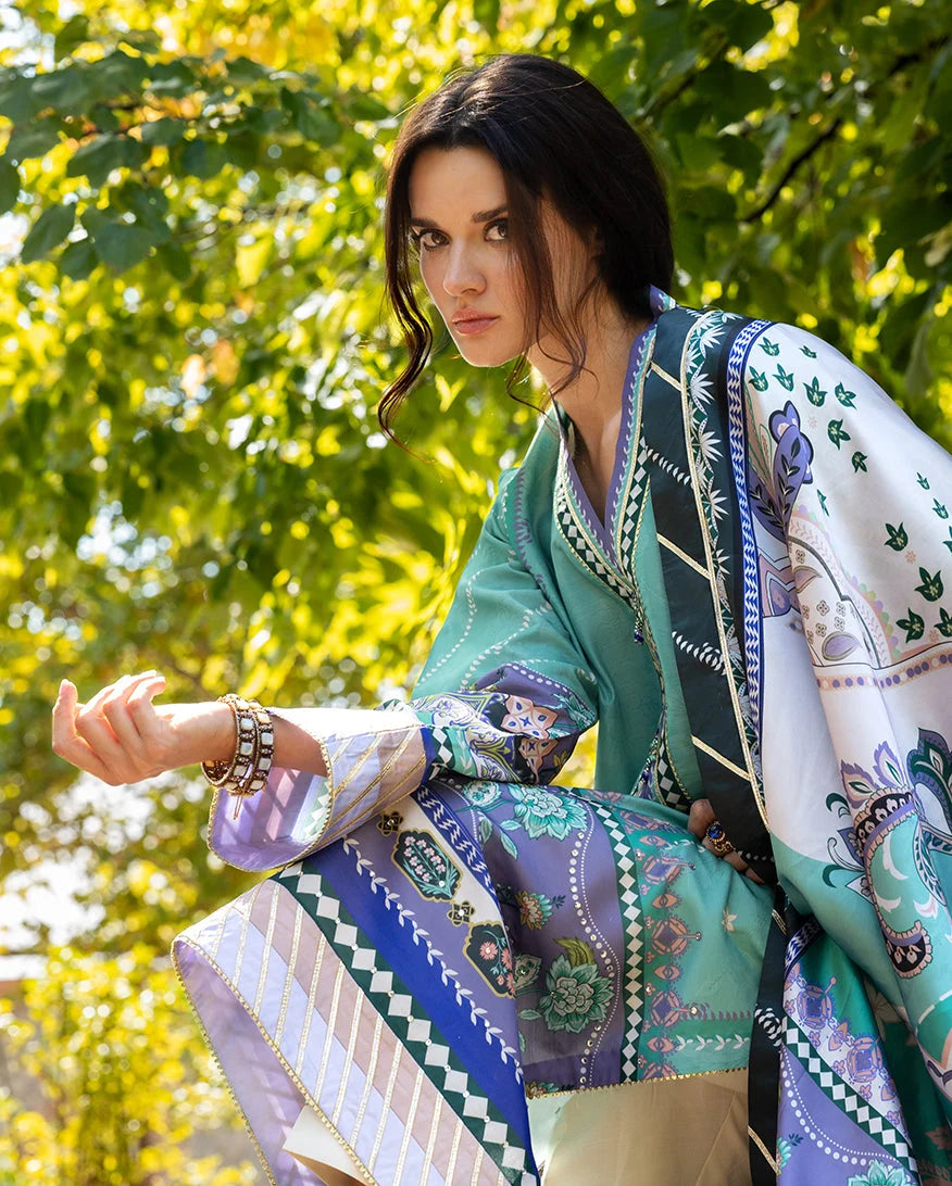 Mushq Hemline Nirvana Echoes Of Serneity Raw Silk Unstitched 3Pc Suit - Lunar Dew - view 5