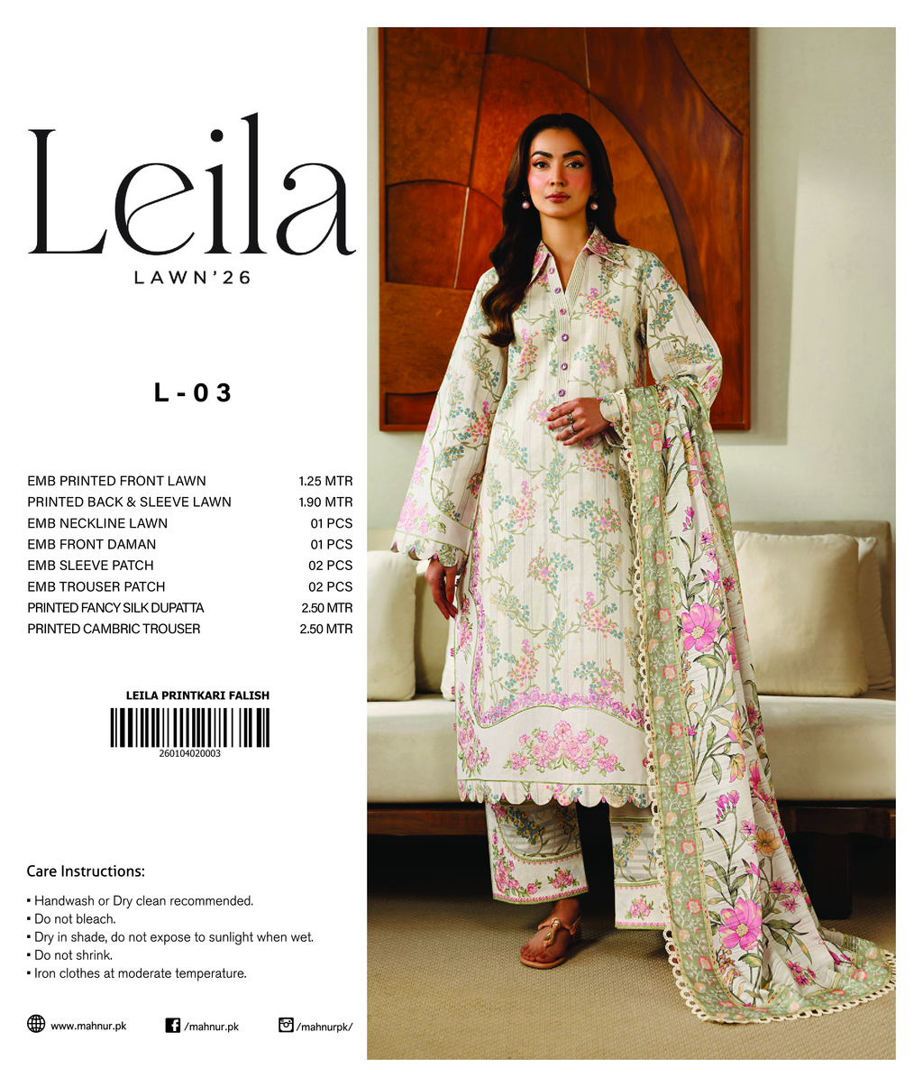 Beautiful Mahnur Leila by Mahnur summer lawn fabric with intricate inlay designs, vibrant colors, and lightweight comfort.