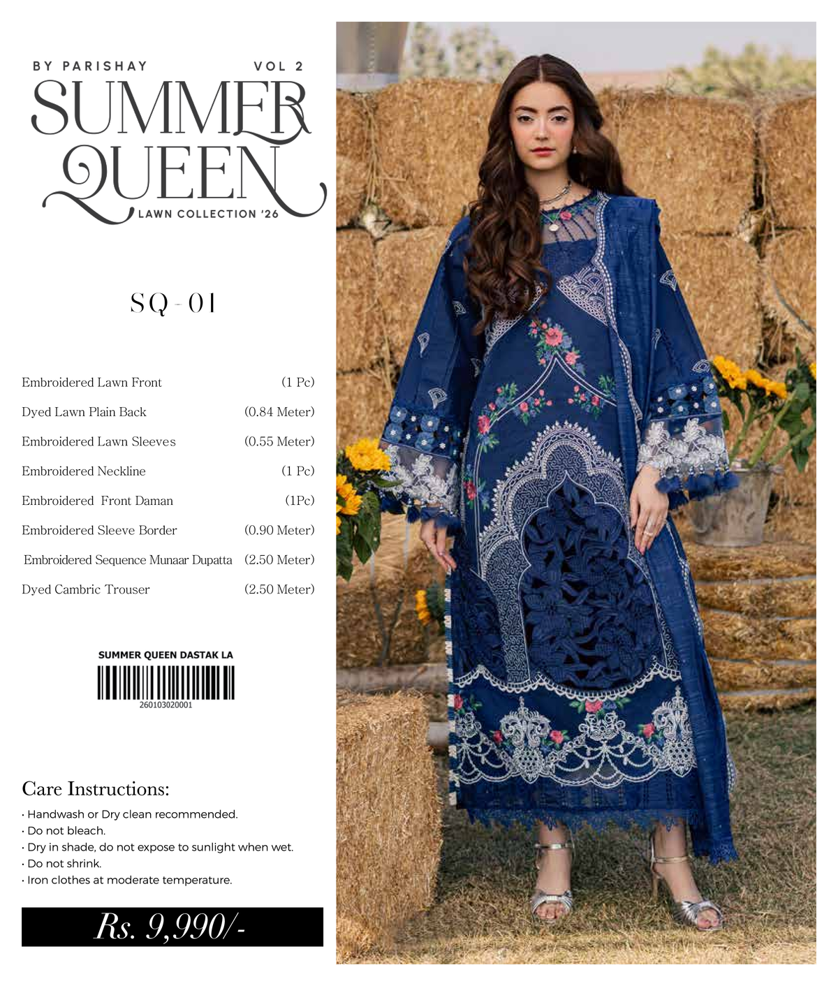 Parishay Summer Queen luxury lawn fabric with intricate embroidered inlays, showcasing vibrant summer-inspired floral patterns.