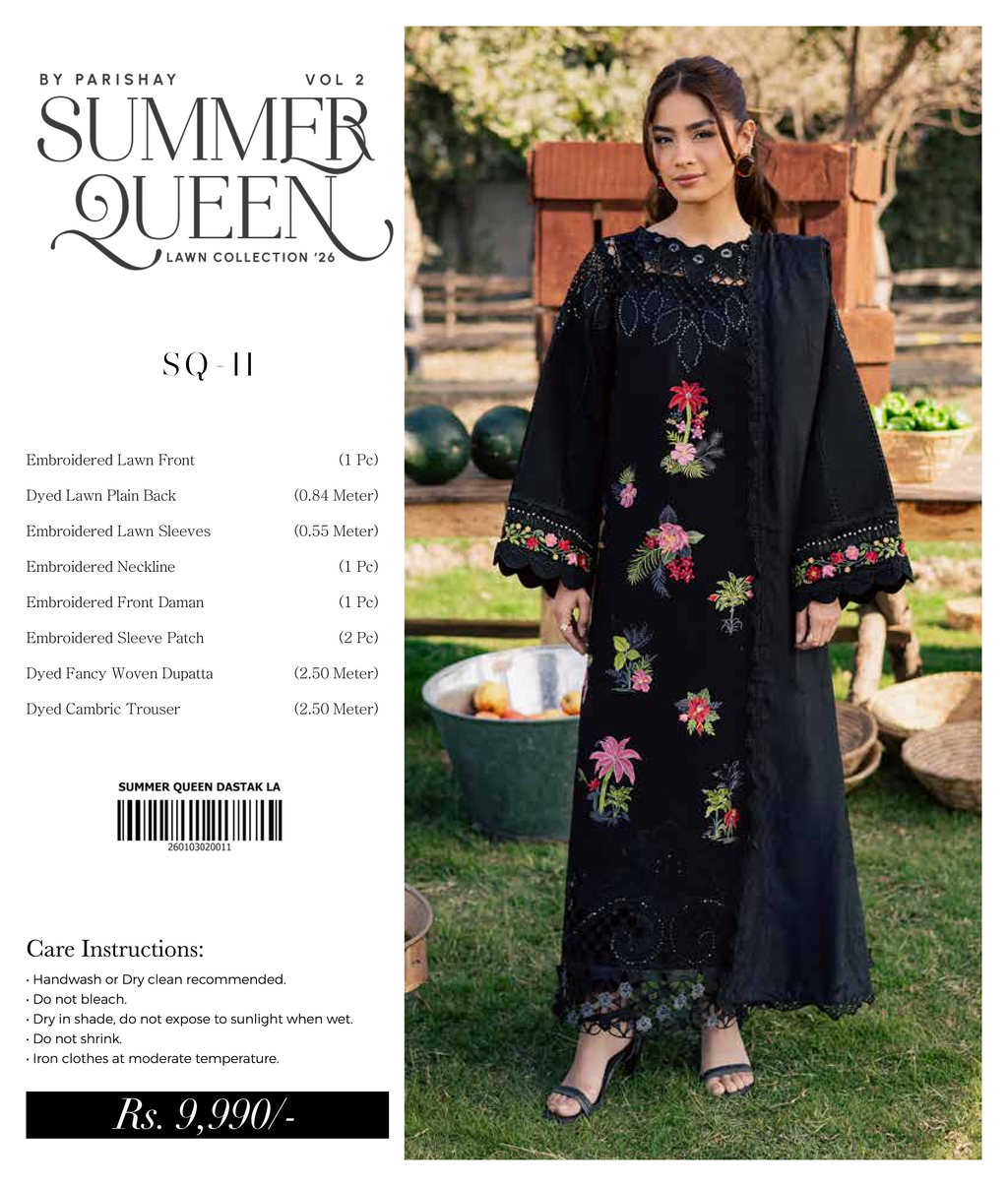 Parishay Summer Queen luxury lawn fabric with intricate embroidery and vibrant floral patterns on lightweight summer material.