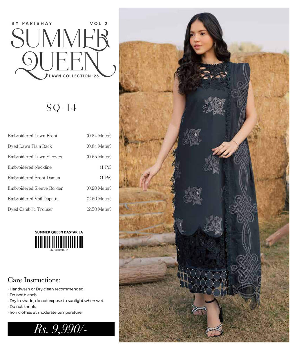 Parishay Summer Queen luxury lawn fabric with intricate inlay design, showcasing vibrant floral patterns on lightweight summer lawn.