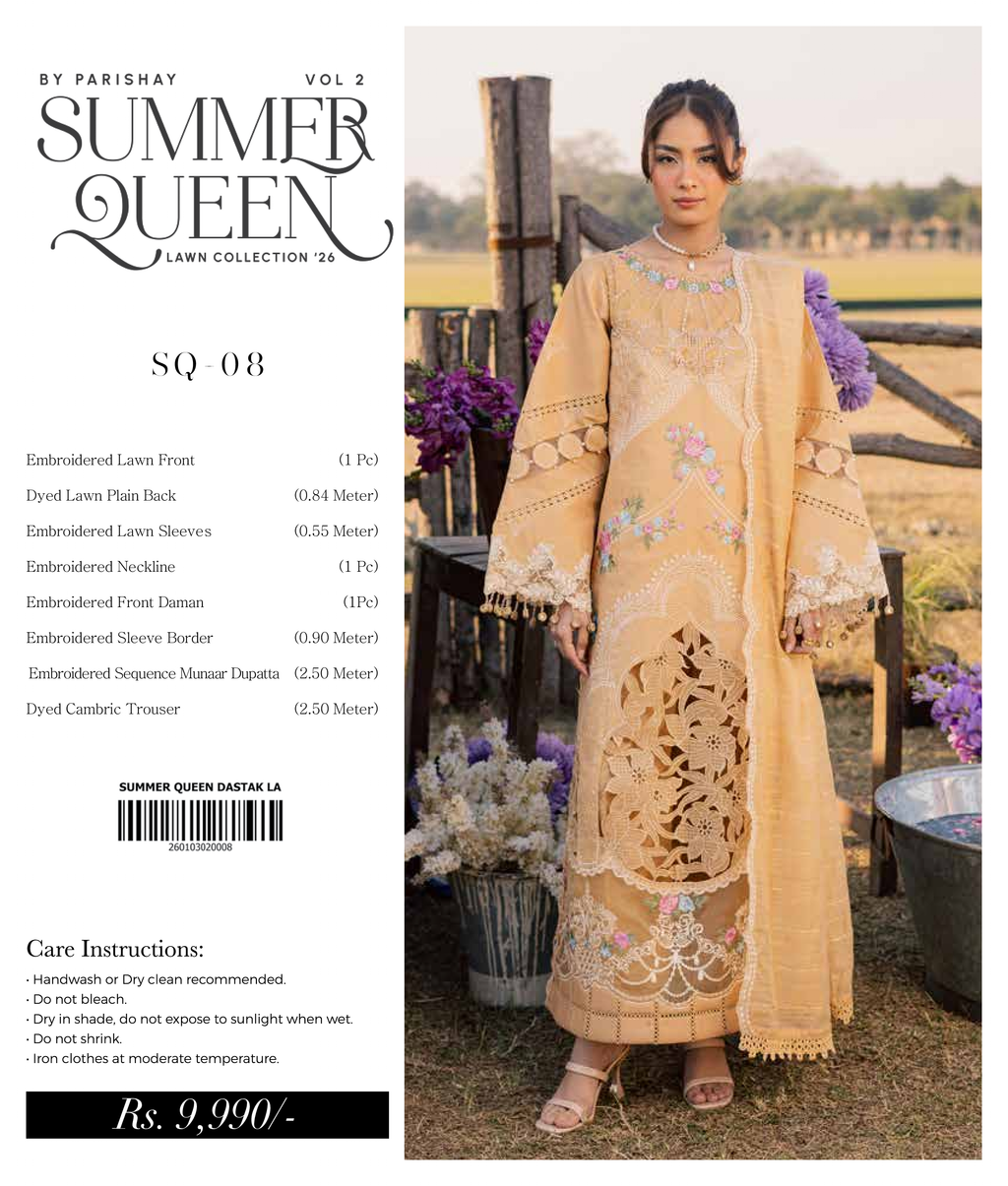 PARISHAY Summer Queen luxury lawn fabric with intricate embroidery and vibrant summer print, showcasing detailed inlays.