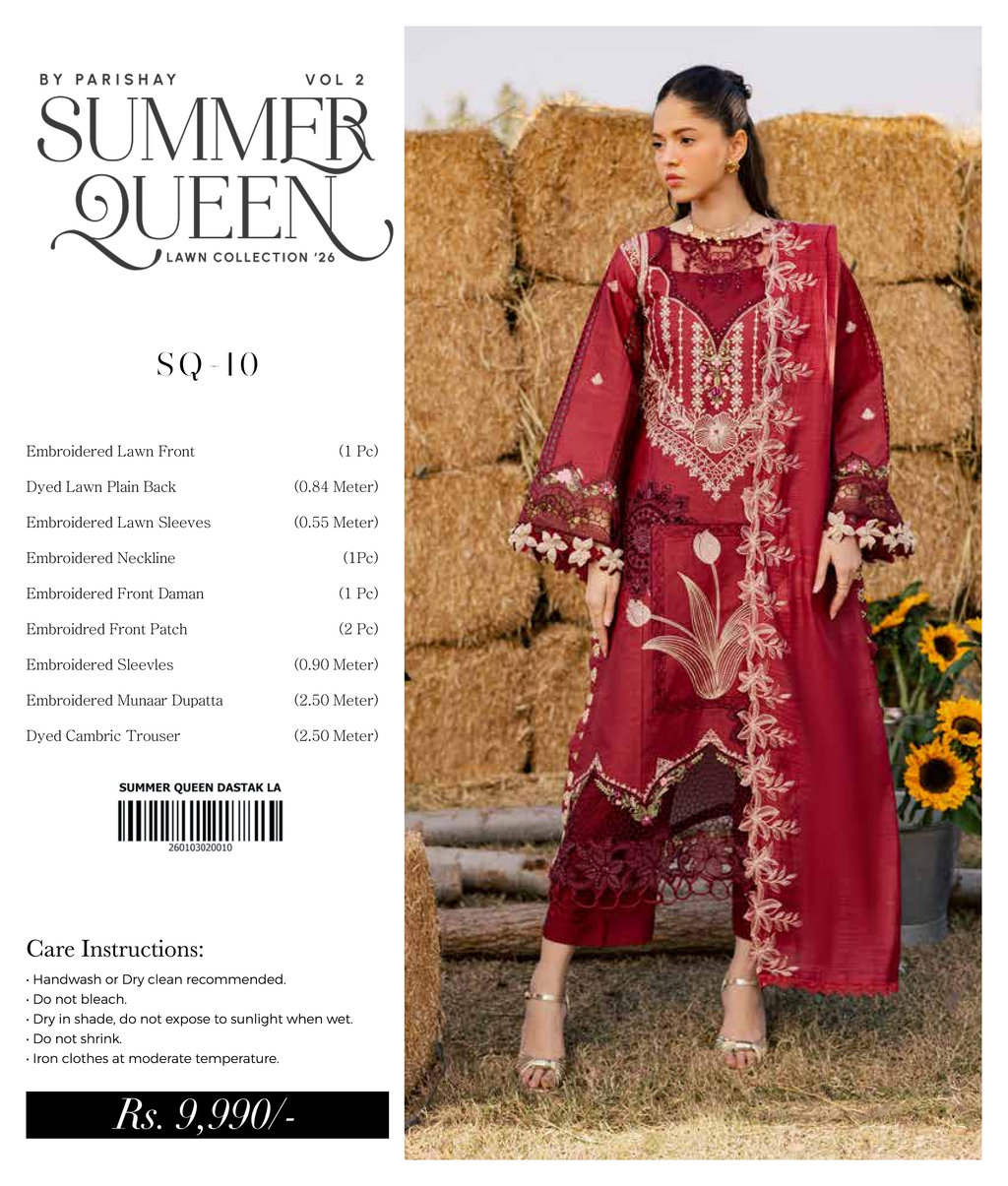 Parishay Summer Queen luxury lawn fabric with intricate inlay design in vibrant summer colors, showcasing detailed craftsmanship.
