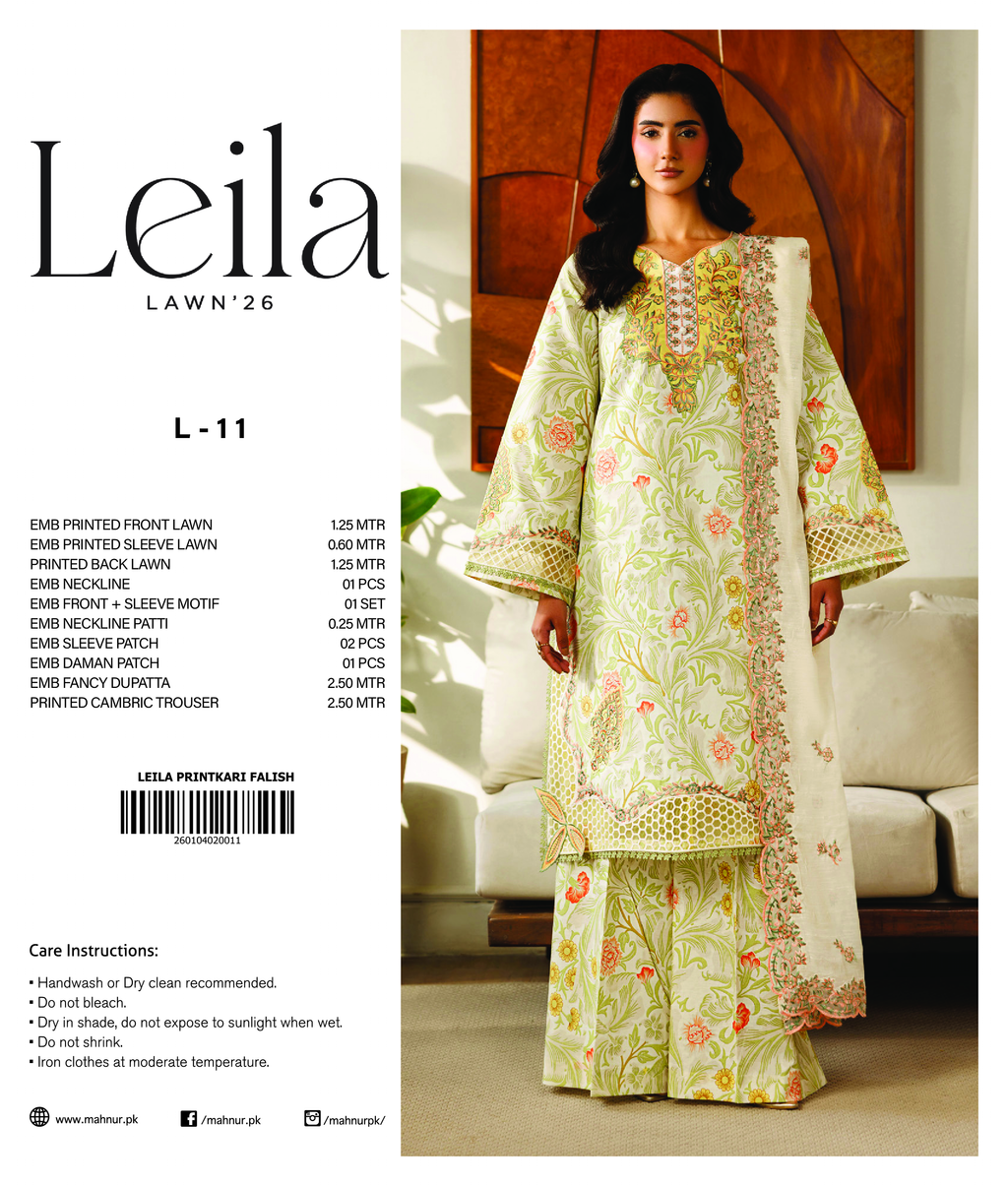 Leila by Mahnur summer lawn fabric with intricate inlay patterns, showcasing vibrant colors and fine detailing.