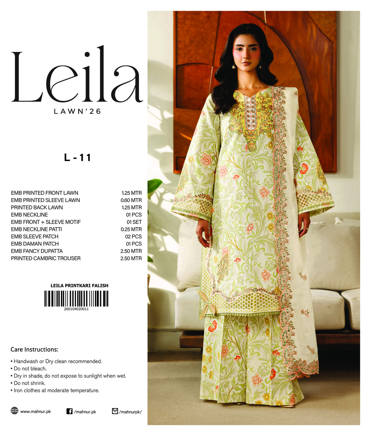 Leila by Mahnur summer lawn fabric with intricate inlay patterns, showcasing vibrant colors and fine detailing.