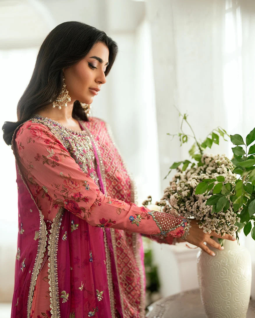Mushq Sham Shandaar Embroidered Chiffon Unstitched 3Pc Suit - Geet Gulabi - view 3