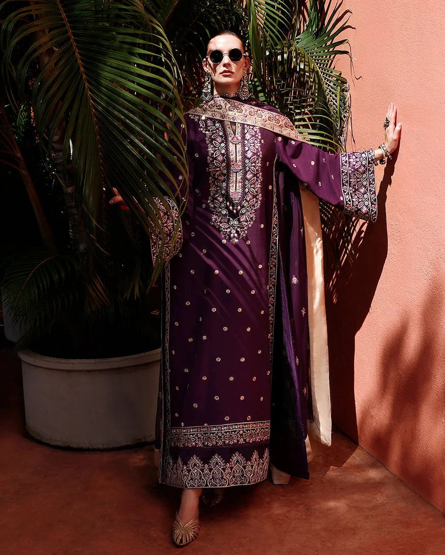 Mushq Hemline Nuvera Embroidered Raw Silk Unstitched 3Pc Suit D-10 - view 2