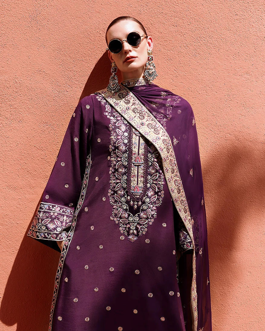Mushq Hemline Nuvera Embroidered Raw Silk Unstitched 3Pc Suit D-10 - view 3